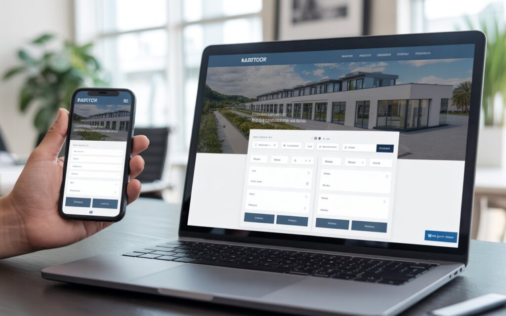 Sitio web inmobiliario responsivo en laptop y móvil mostrando propiedades con diseño moderno