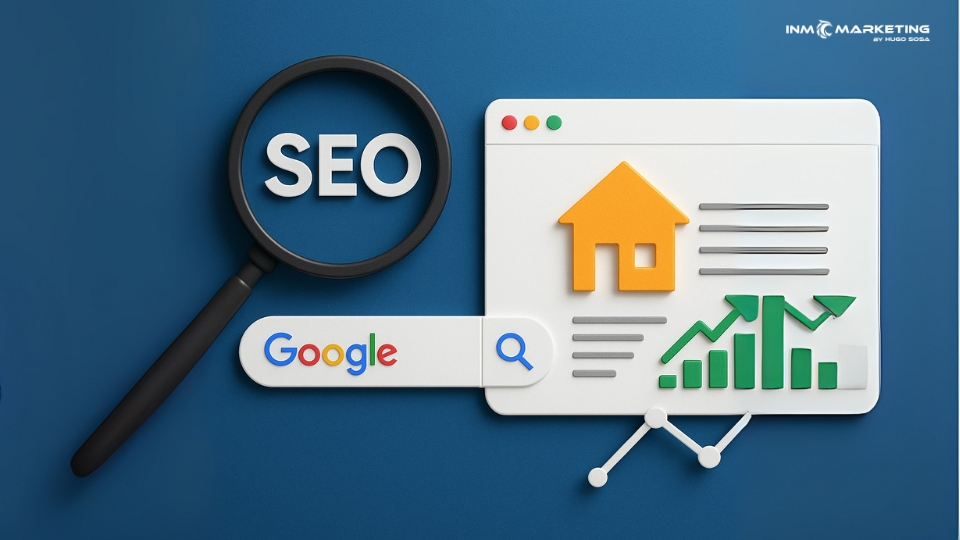 imagen de una lupa con la palabra SEO, un icono de Google search, que sale de una pagina web inmobiliaria.