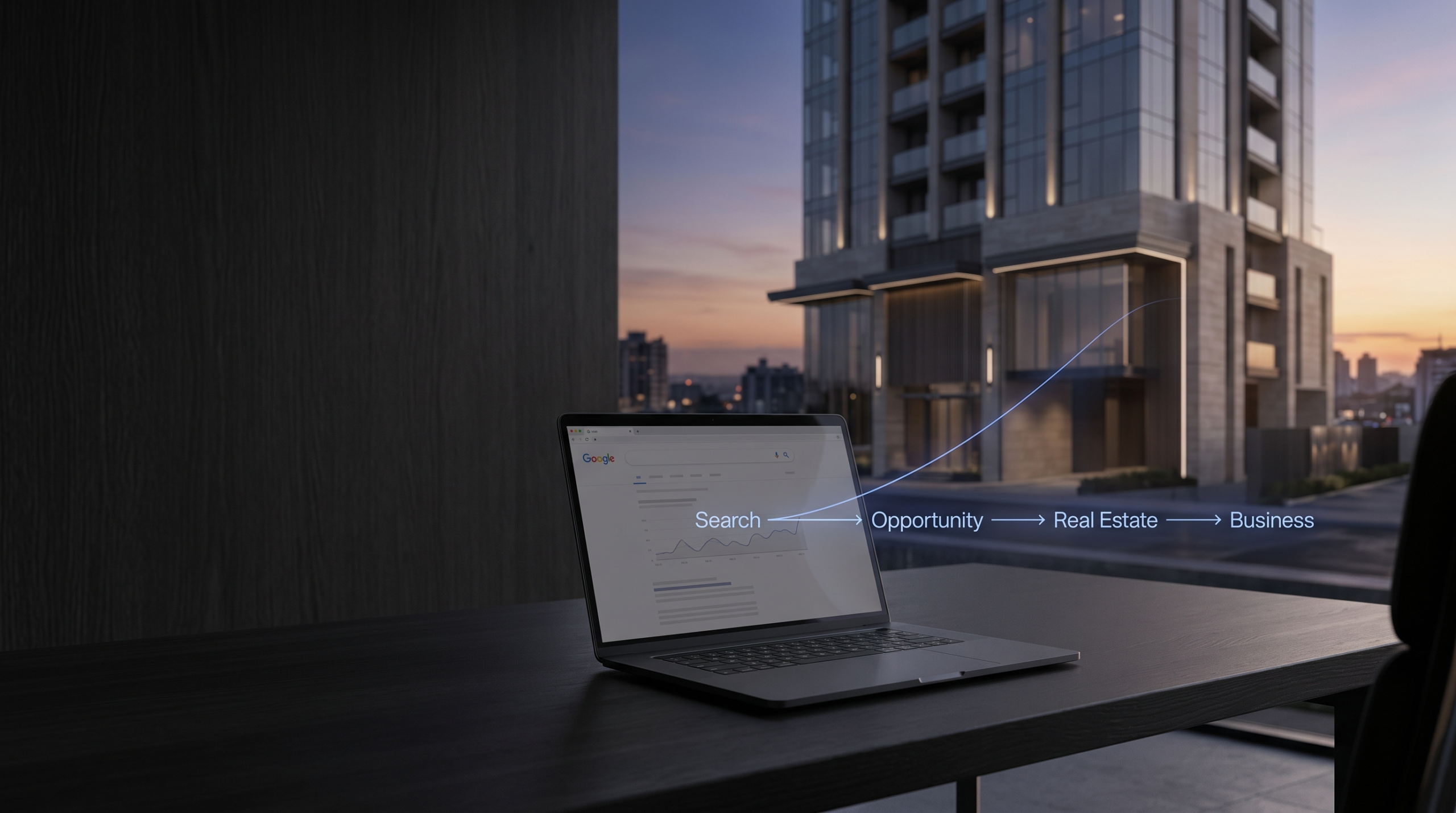 alptop sobre escritorio con edificio moderno al fondo, interfax de Google en la pantalla