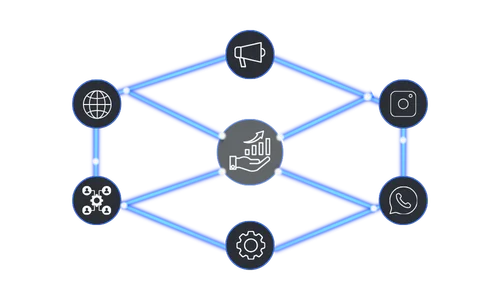 representacion grafica de iconos en circulos conectados por lineas azules