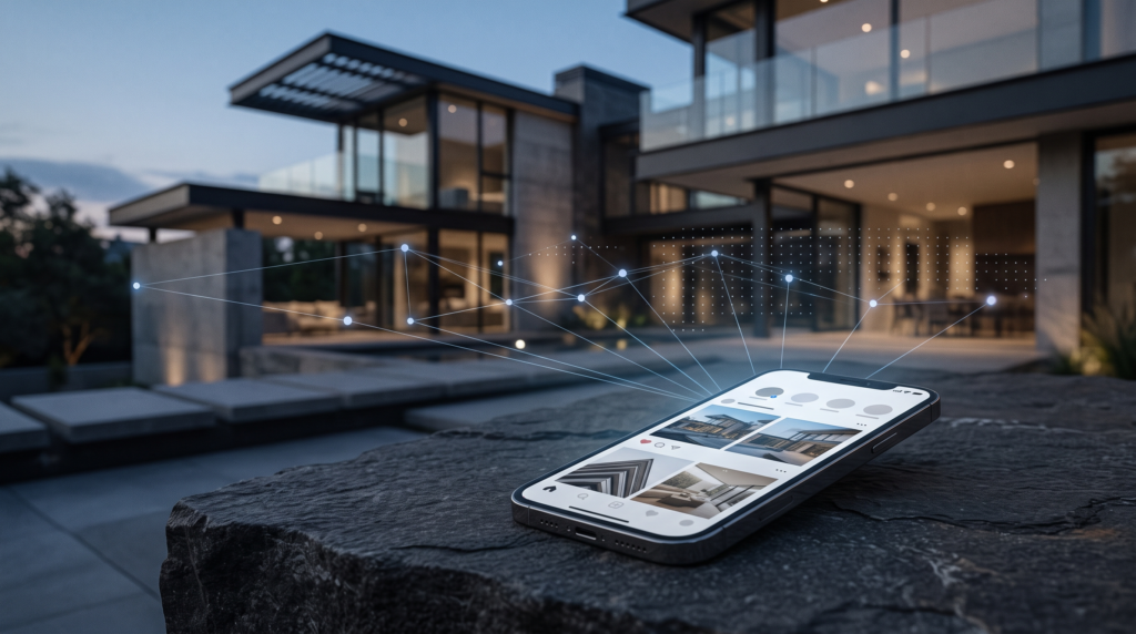 celular sobre un escritorio mostrando feed de instagram con inmuebles, al fondo una casa moderna