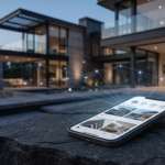 celular sobre un escritorio mostrando feed de instagram con inmuebles, al fondo una casa moderna